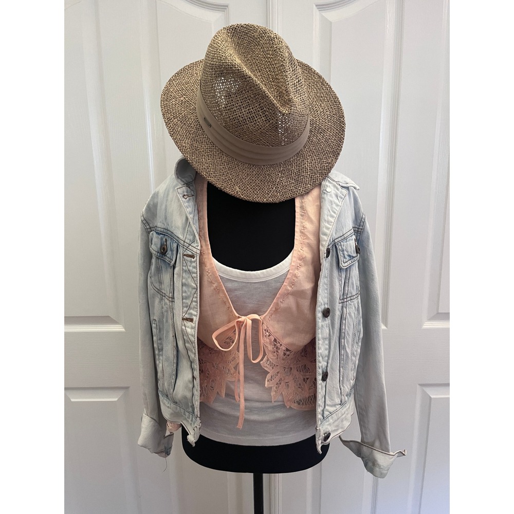 3Pc Curated Outfit Set Light Wash Denim Jacket Peach Linen Lace Blouse Hat